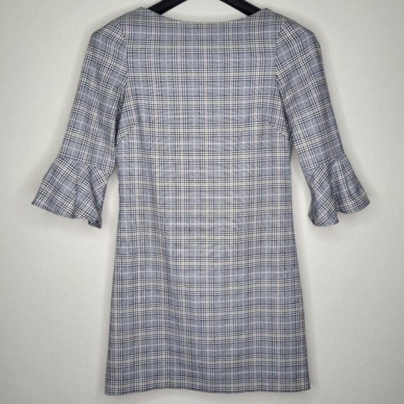 H&M Plaid Houndstooth Grey Dress with 3/4 Ruffle Bell Sleeve, Size 2 - Picture 2 of 9